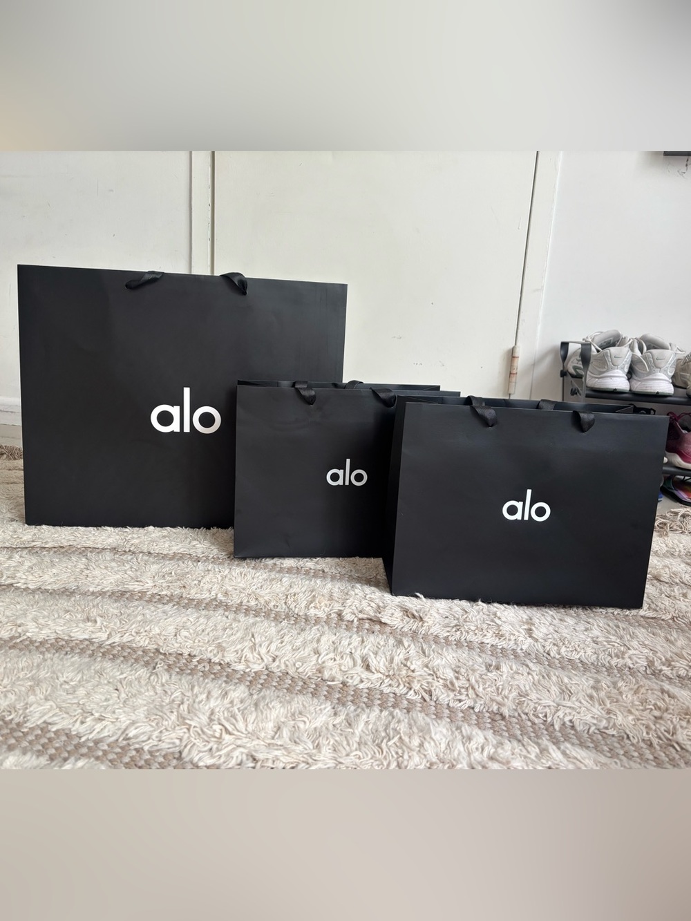 ALO Yoga Black Shopping Bags with White Logo - Set of 3